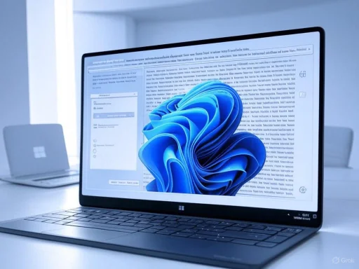A Windows Surface laptop displaying a document with a blue abstract graphic on the screen, on a clean white desk.
