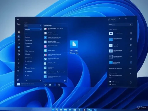 A computer screen displaying a dark-themed interface with file explorer and various icons on a blue abstract background.