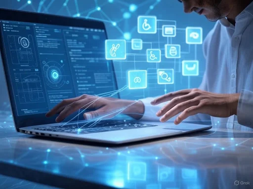 A person interacts with a futuristic digital healthcare interface on a laptop, displaying medical icons and data.