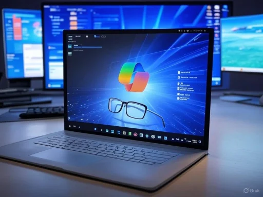 A laptop displaying a colorful logo with reading glasses on a blue digital background, surrounded by multiple monitors.