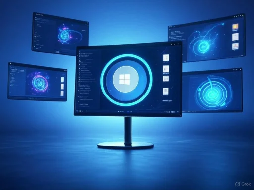 Multiple monitors display digital graphics and the Windows logo, suggesting a high-tech or cybersecurity theme.