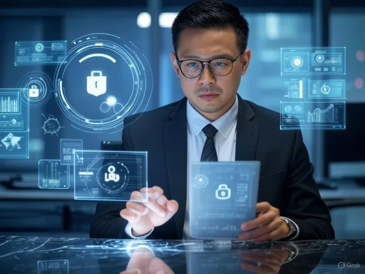 A businessman interacts with futuristic digital security and data protection interfaces in a high-tech office setting.