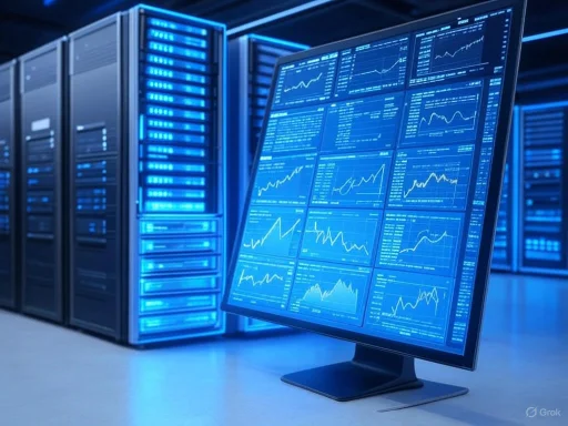 A computer monitor displaying multiple financial graphs in a server room with blue lighting.
