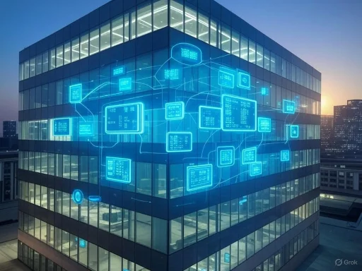 A modern glass building displays a digital network overlay with interconnected data screens, symbolizing advanced technology infrastructure.