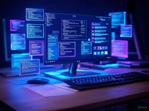 A futuristic workspace with a monitor displaying blue and purple code and chat windows in a dark room.