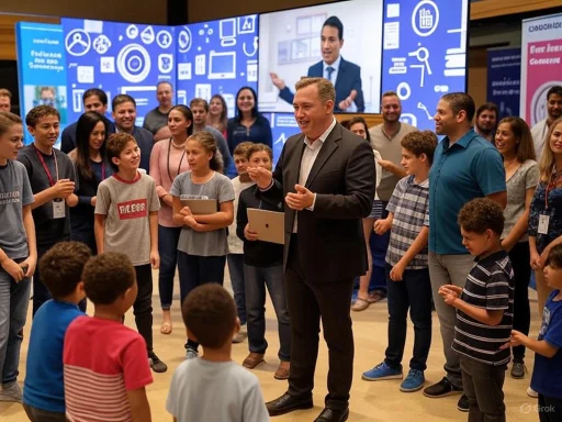 A man in a suit speaks and interacts with a group of children and adults in a tech-themed event space.