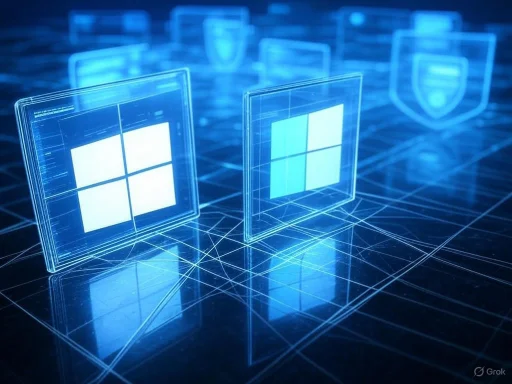 Digital holograms of Windows logos and security shields create a futuristic cybersecurity display.