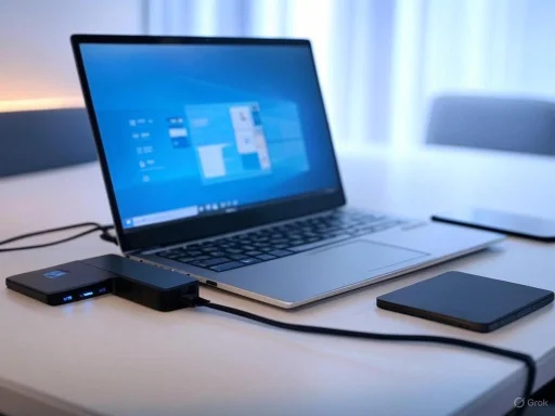 A laptop connected to external devices on a white table in a modern workspace.