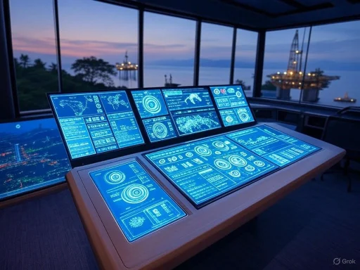 A high-tech control room with illuminated screens displaying data and maps, overlooking offshore oil rigs at sunset.