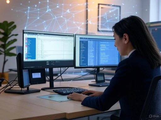 A woman works at a computer with dual monitors, surrounded by digital network graphics, in an office setting. A woman works at a computer with dual monitors, surrounded by digital network graphics, in an office setting.