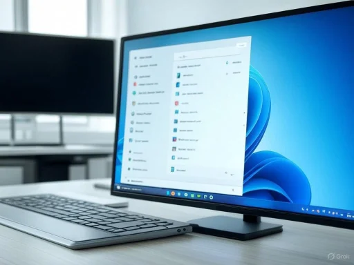 A computer monitor displaying Windows 11 desktop with an open file explorer, on a white desk.