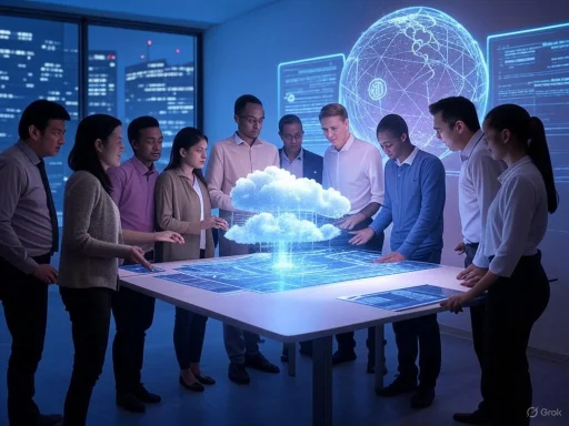 A diverse group of professionals analyzes a holographic cloud projection in a high-tech office setting.