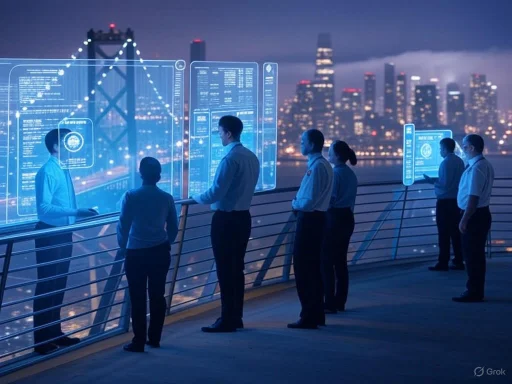 Business professionals analyze futuristic digital interfaces with a city skyline in the background.