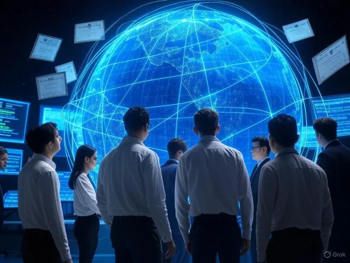 A group of professionals analyzing a large digital world map with data visualizations and interconnected lines.