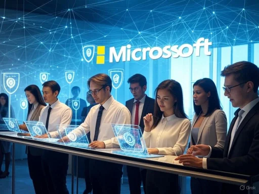 Business professionals using holographic technology at a Microsoft event or conference.