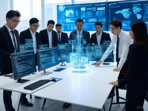 Team of professionals analyzing holographic digital data and code in a modern control room. Team of professionals analyzing holographic digital data and code in a modern control room.