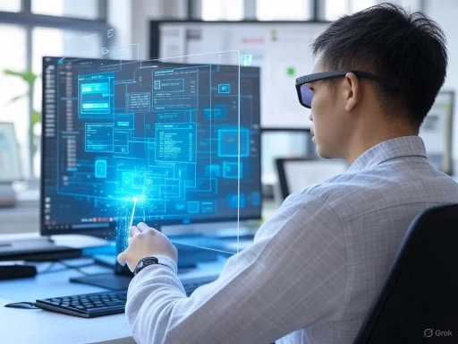 A person wearing augmented reality glasses interacts with a holographic digital interface on a computer screen.
