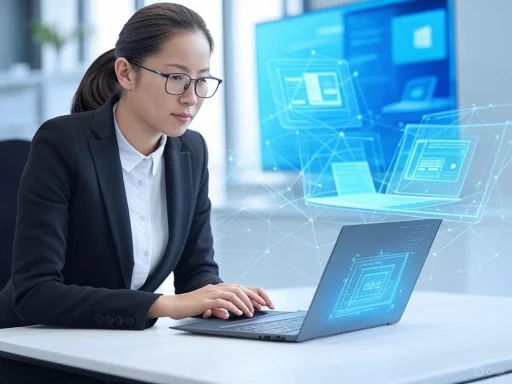 A woman in a business suit works on a laptop surrounded by digital holograms of futuristic computer screens. A woman in a business suit works on a laptop surrounded by digital holograms of futuristic computer screens.