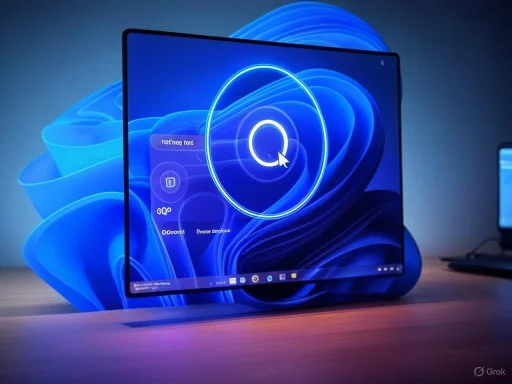 A modern computer monitor displays a circular interface with a cursor, set against a blue swirling digital background.