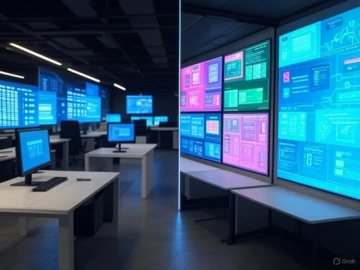 A high-tech control room with multiple monitors displaying colorful data and graphics.