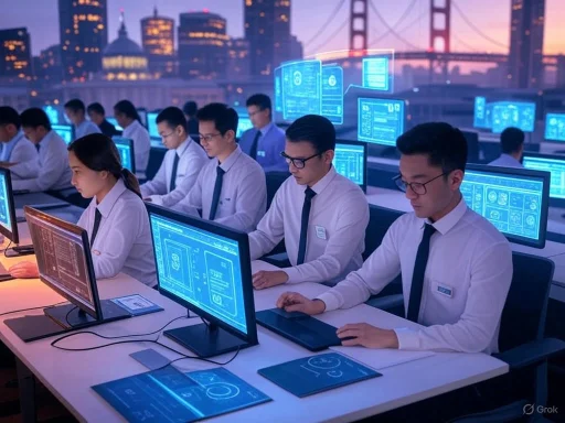 Scientists or cybersecurity professionals working on digital technology projects in a high-tech control room.