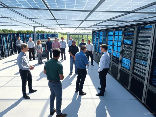 A group of people touring a modern data center with large server racks and solar panel ceiling.