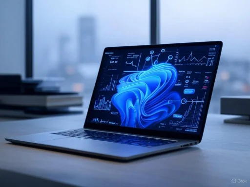 A laptop displaying complex 3D data visualizations and graphs in a modern office setting.
