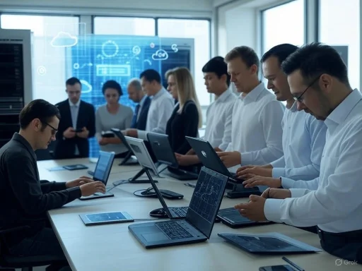 A group of professionals engaged with digital devices in a modern conference room.