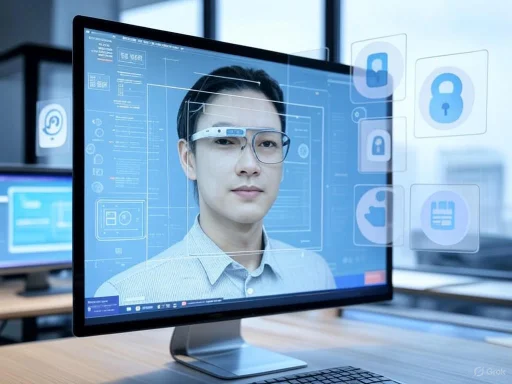 A person is being identified and authenticated using facial recognition technology displayed on a computer screen.