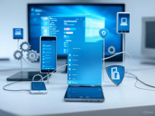 Multiple electronic devices with security icons, representing cybersecurity and data protection concepts.