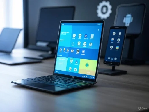 A foldable laptop displaying Android interface on a desk with other devices in the background.