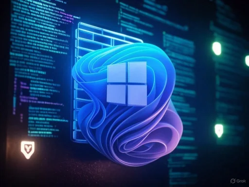 A digital illustration of Windows logo with glowing blue and purple experimental effects on a code-filled background.