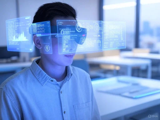 A person wearing a futuristic augmented reality headset with floating digital displays in a modern office environment.