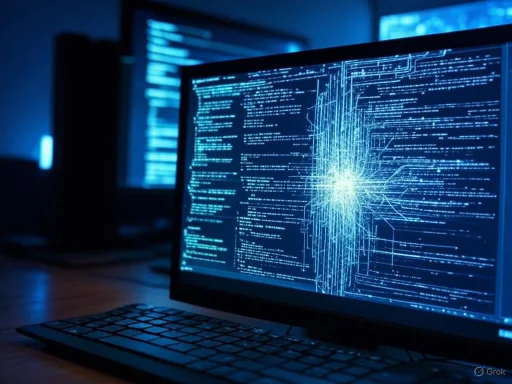 Multiple computer screens display complex coding and digital data in a dark, high-tech environment.