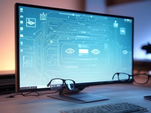 A computer monitor displays digital eye icons and circuitry, with glasses placed in front, suggesting themes of technology and security.