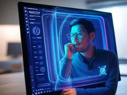 A man appears to be analyzing or creating a digital interface with futuristic, glowing holographic controls and screens.