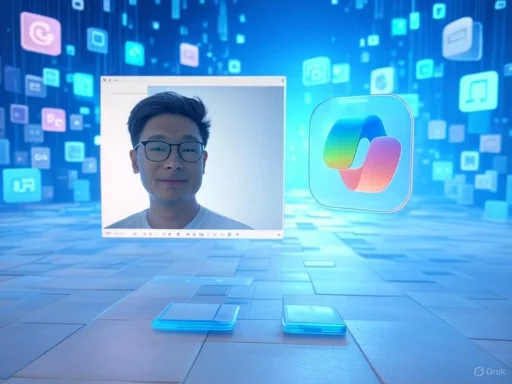 A digital avatar of a smiling young man with glasses is displayed amidst floating app icons and a vibrant, futuristic background.