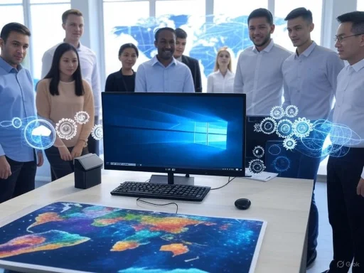A diverse group of professionals observes a computer monitor displaying the Windows interface in a modern office.