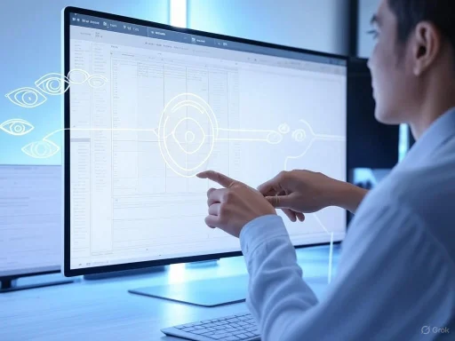 A scientist analyzes data on a computer screen with digital eye diagrams and data visualization overlays.