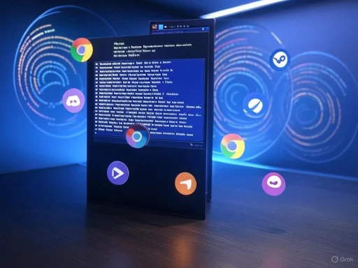 A futuristic illustration of a smartphone with floating app icons and digital data streams against a blue background.
