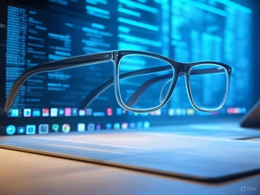 Glasses float in front of a computer screen displaying code, suggesting cybersecurity or programming activities.