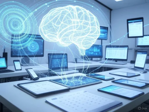 A digital brain hologram over a workspace filled with monitors and tablets, symbolizing artificial intelligence and data analysis.