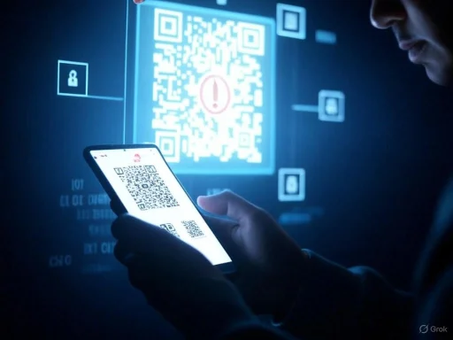 A person scans a QR code on a smartphone in front of a digital display with warning symbols, highlighting cybersecurity concerns.