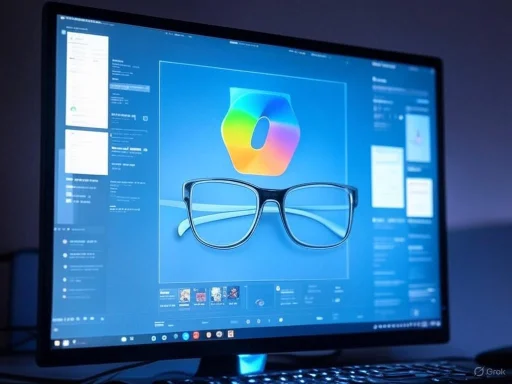 A computer monitor displays a design editing software with a digital illustration of glasses and colorful logo. A computer monitor displays a design editing software with a digital illustration of glasses and colorful logo.