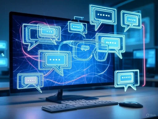 A computer monitor displays multiple speech bubbles and a pair of virtual reality glasses, suggesting digital communication. A computer monitor displays multiple speech bubbles and a pair of virtual reality glasses, suggesting digital communication.