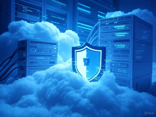 Cloud-based servers with a security shield symbolizing data protection and cybersecurity.