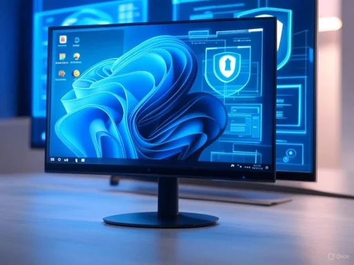 A computer monitor displays a blue, abstract digital background with security shield icons, set in a professional office environment.