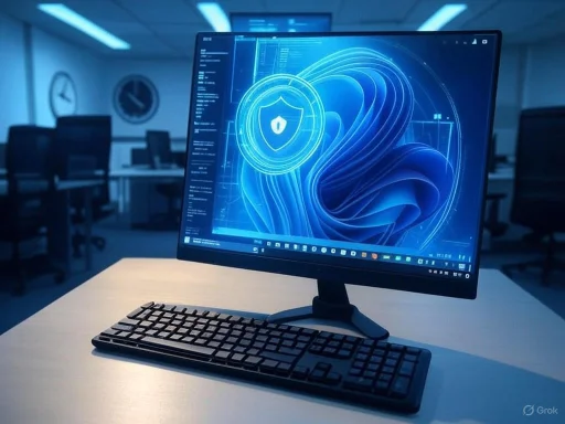 A computer monitor displaying cybersecurity shield graphics, set in a modern office environment.