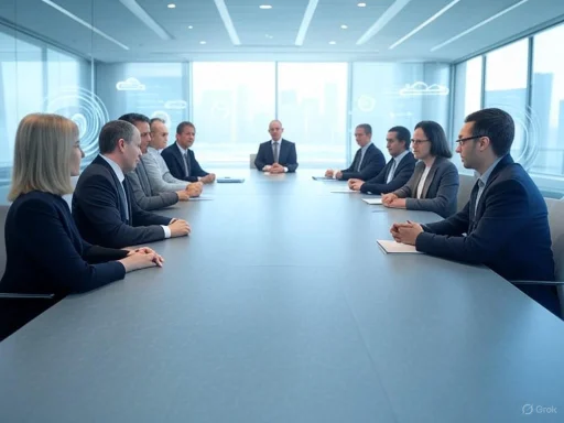 Business professionals sit around a long conference table in a modern, bright office for a formal meeting.