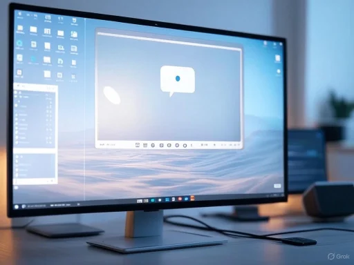 A computer monitor displays a desktop with several application icons and an open window showing a speech bubble icon. A computer monitor displays a desktop with several application icons and an open window showing a speech bubble icon.